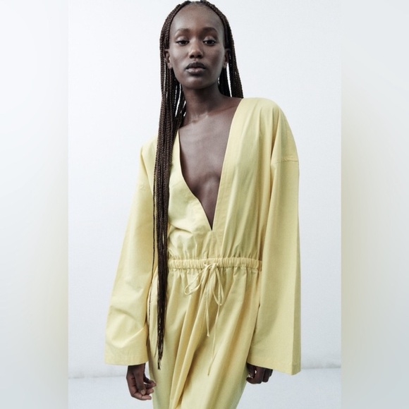 ZARA Drawstring Pistachio V Neck Long Sleeve Jumpsuit- NWT Size XS - Picture 7 of 13